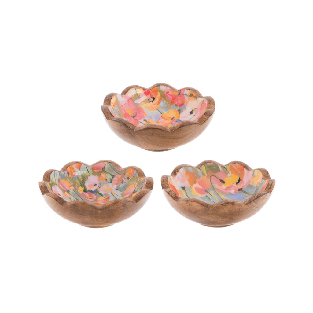 Mango Wood & Floral Enamel Scalloped Dishes