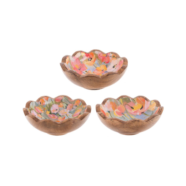 Mango Wood & Floral Enamel Scalloped Dishes