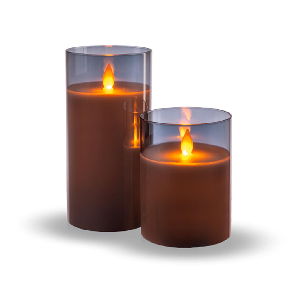 Flameless LED Pillar Candles in Glass - Grey Lit
