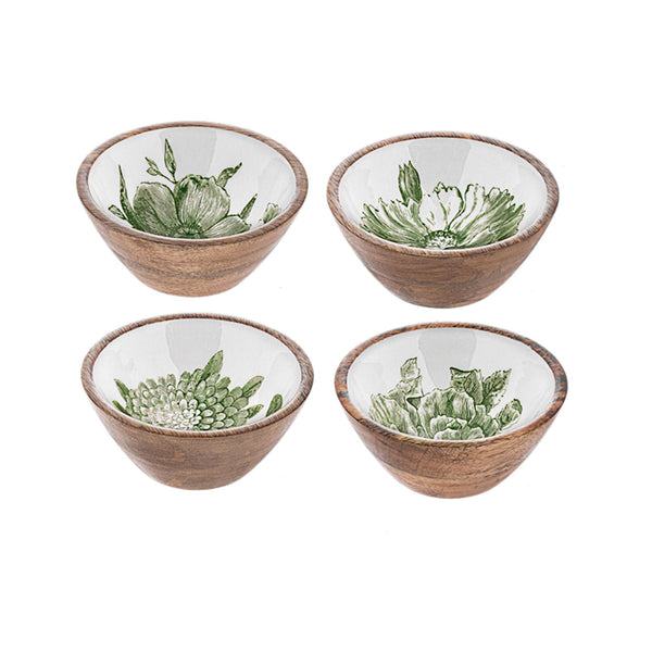 Mango Wood & Enamel Dip Bowls - Green & White Botanicals