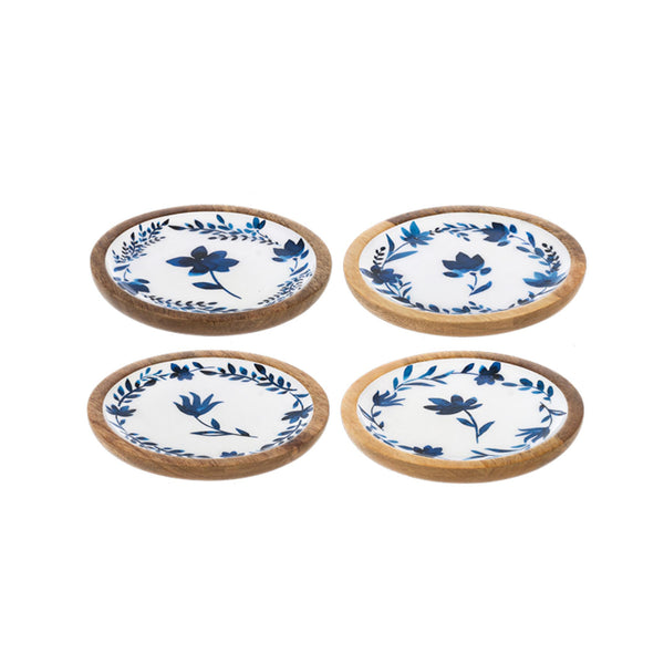 Mango Wood & Enamel Tapas Plates - Blue Florals