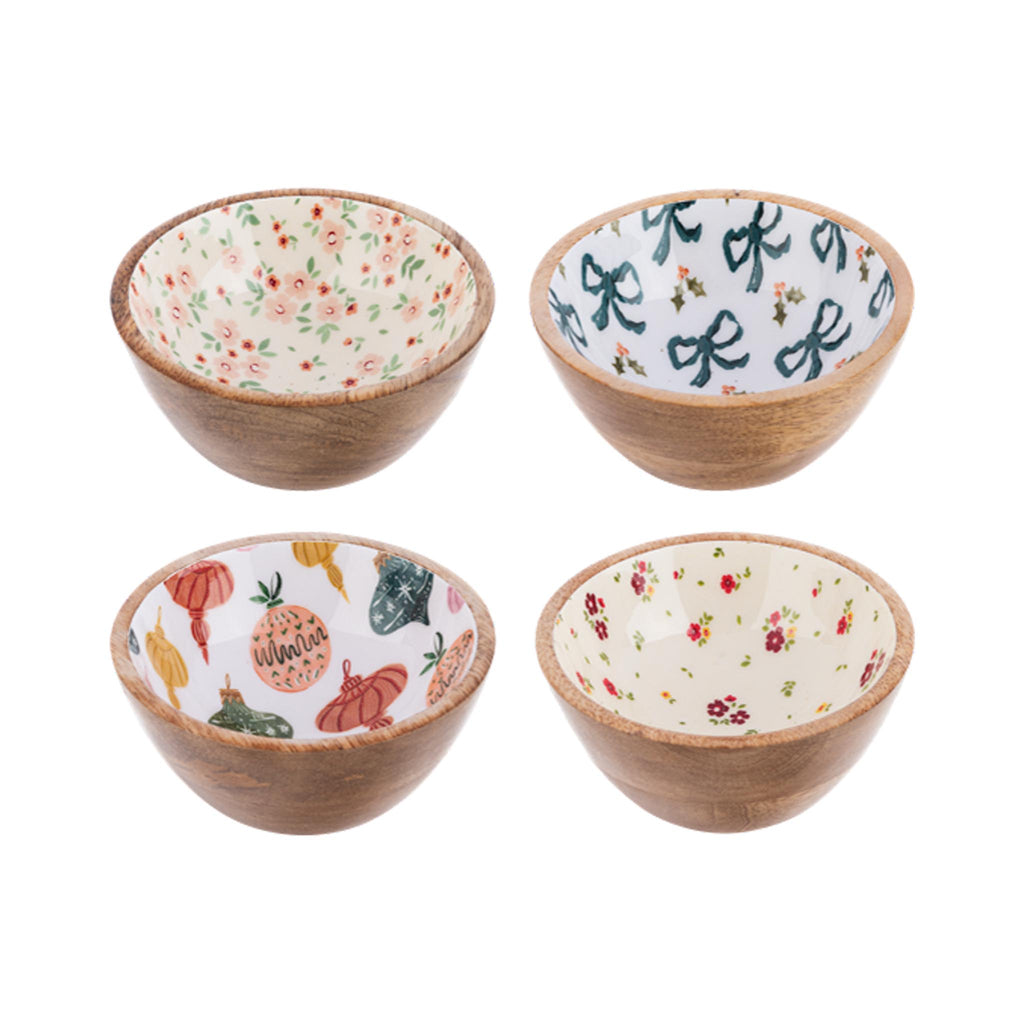 Mango Wood & Enamel Dip Bowls - Holiday Motifs
