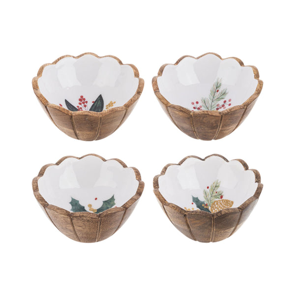 Mango Wood & Enamel Dip Bowls - Winter Botanicals