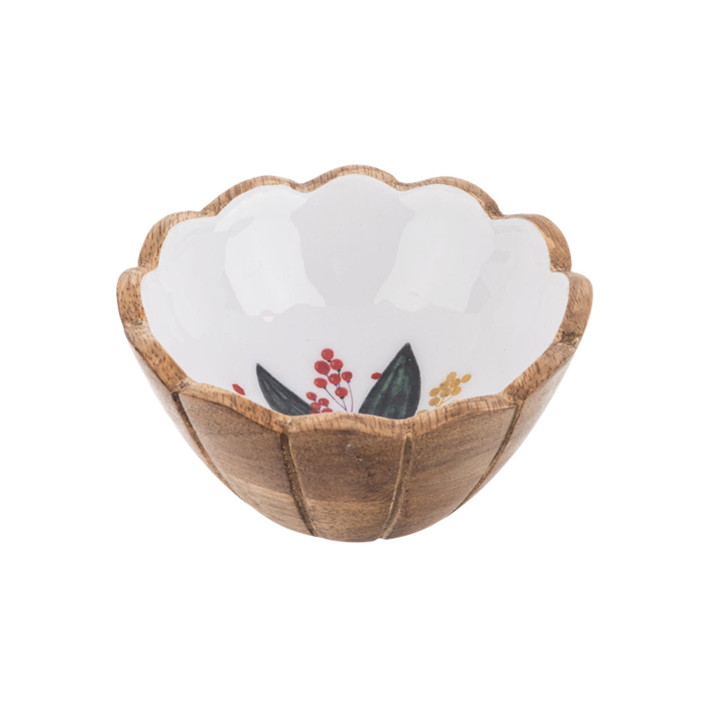 Mango Wood & Enamel Dip Bowls - Winter Botanicals - Berries & Leaves