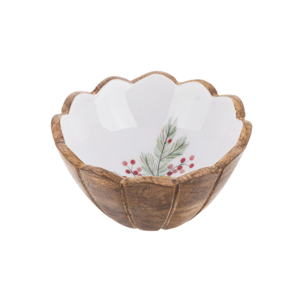 Mango Wood & Enamel Dip Bowls - Winter Botanicals - Single Pinecone