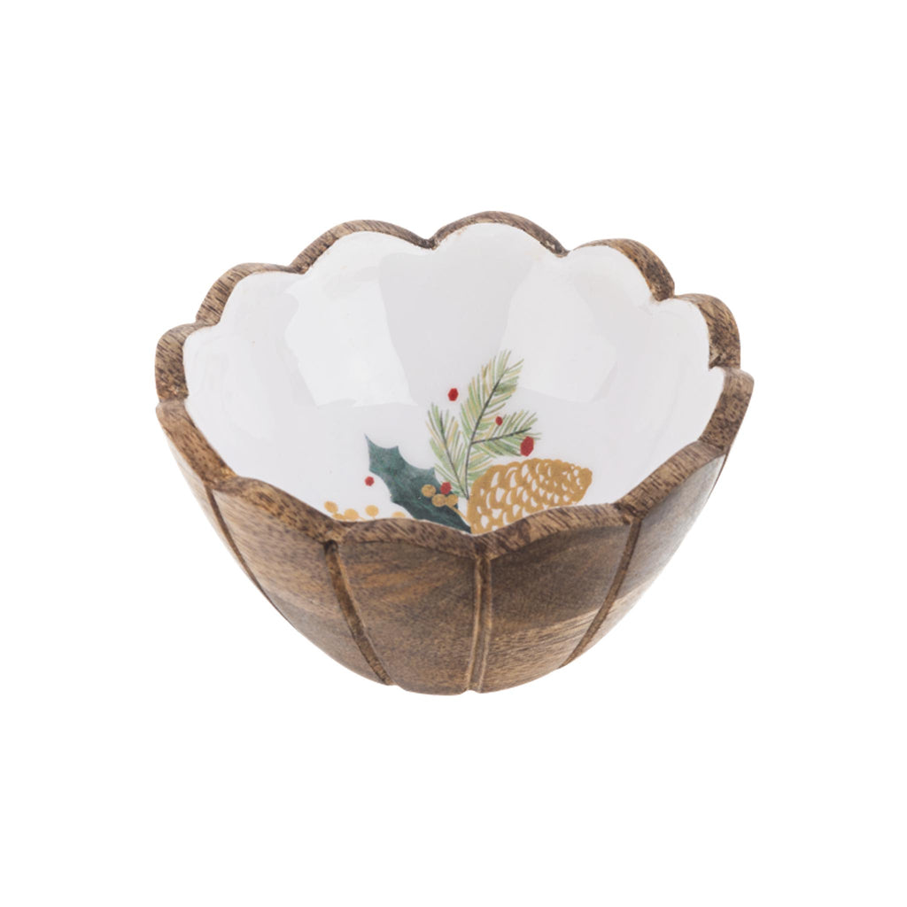 Mango Wood & Enamel Dip Bowls - Winter Botanicals - Pinecone Duo