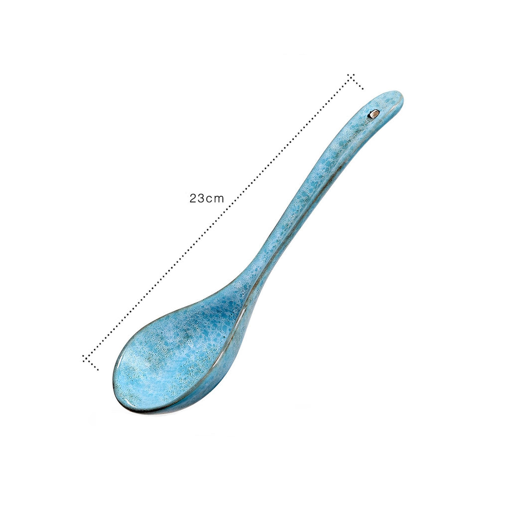 Long Handle Glazed Ceramic Soup Spoon - Blue