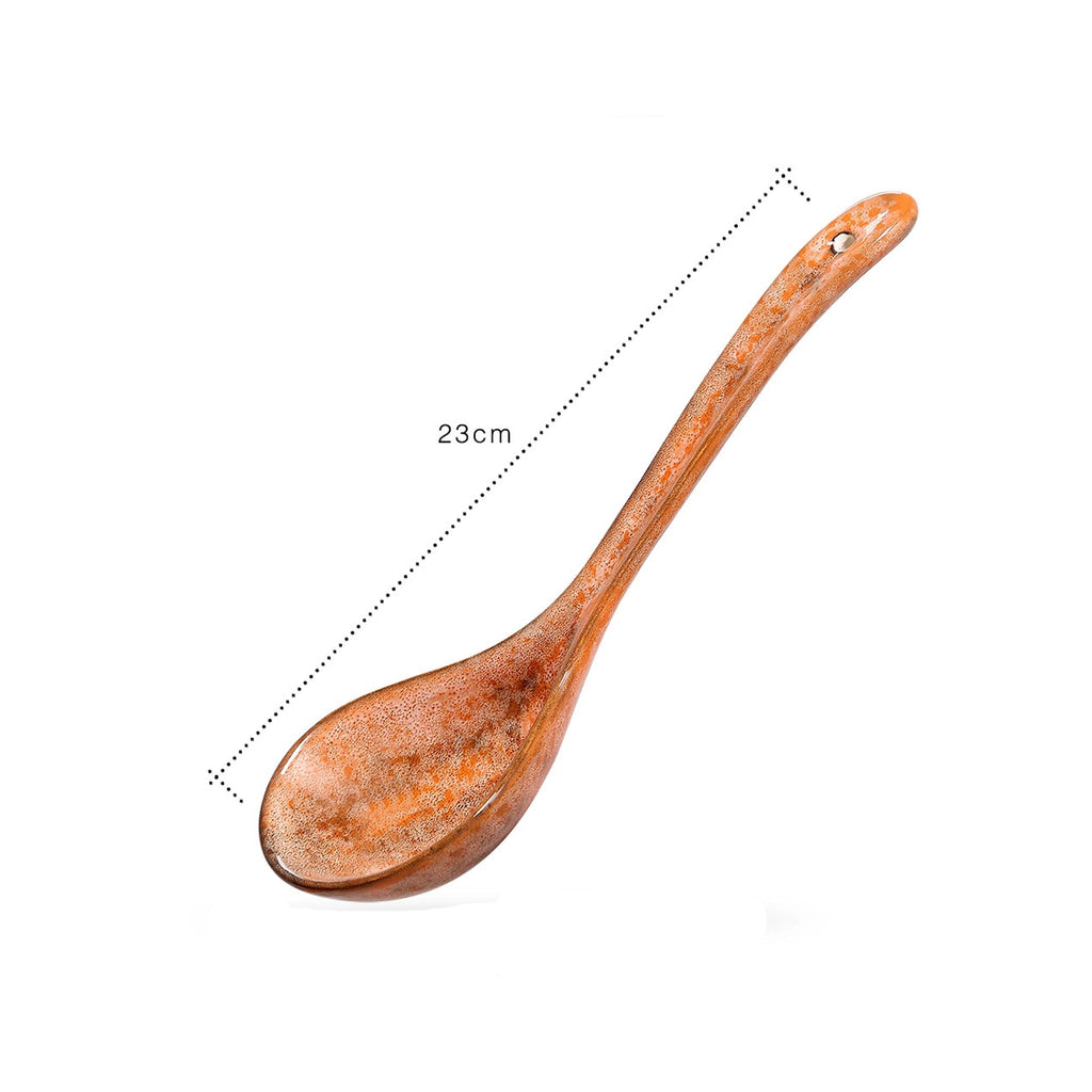 Long Handle Glazed Ceramic Soup Spoon - Orange