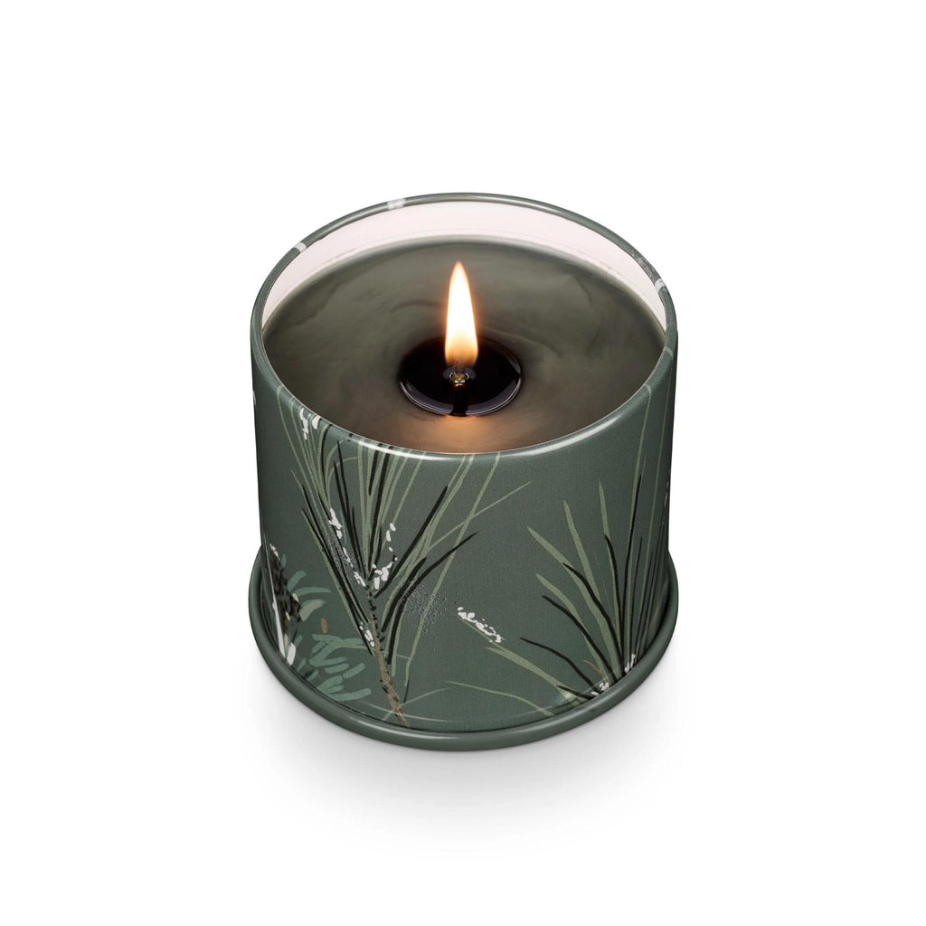 Balsam & Cedar Large Tin Candle - lit