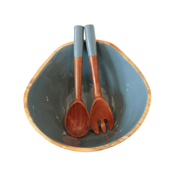 Mango Wood & Colored Enamel Shaped Bowl  & Server Set - Blue Grey