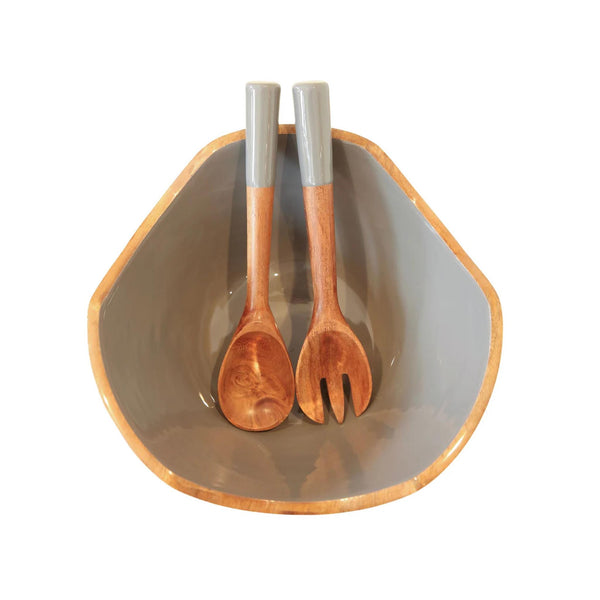 Mango Wood & Colored Enamel Shaped Bowl  & Server Set - Dark Grey