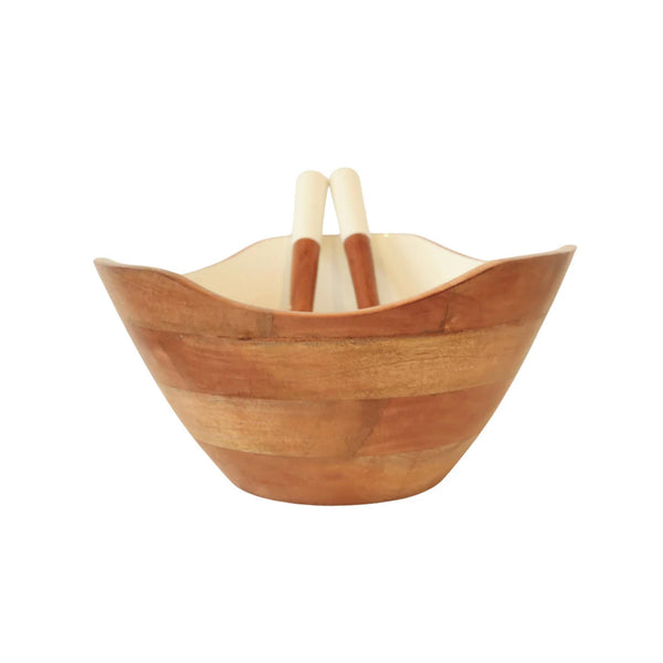 Mango Wood & Colored Enamel Shaped Bowl  & Server Set - White