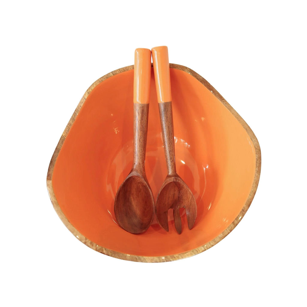 Mango Wood & Colored Enamel Shaped Bowl  & Server Set - Orange