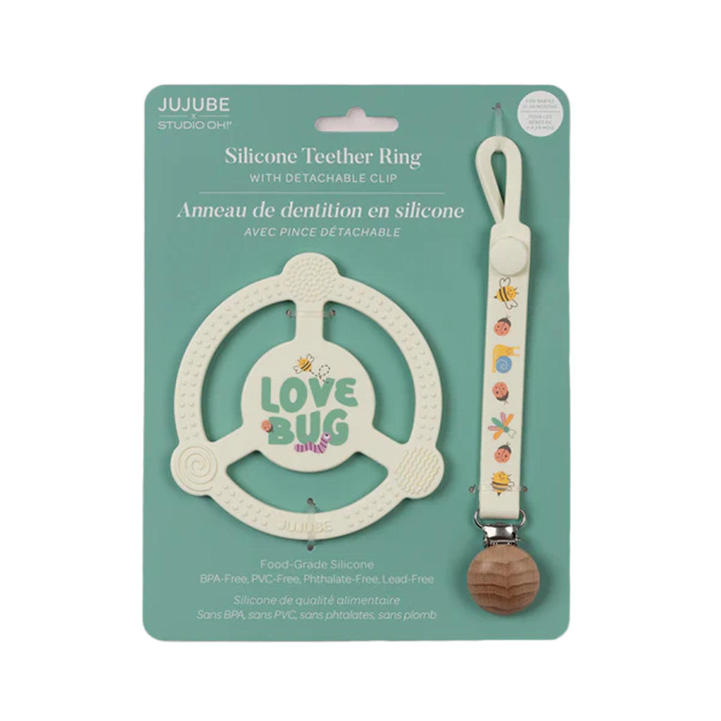 JuJuBe Silicone Teether Ring with Detachable Clip - Love Bug - packaging