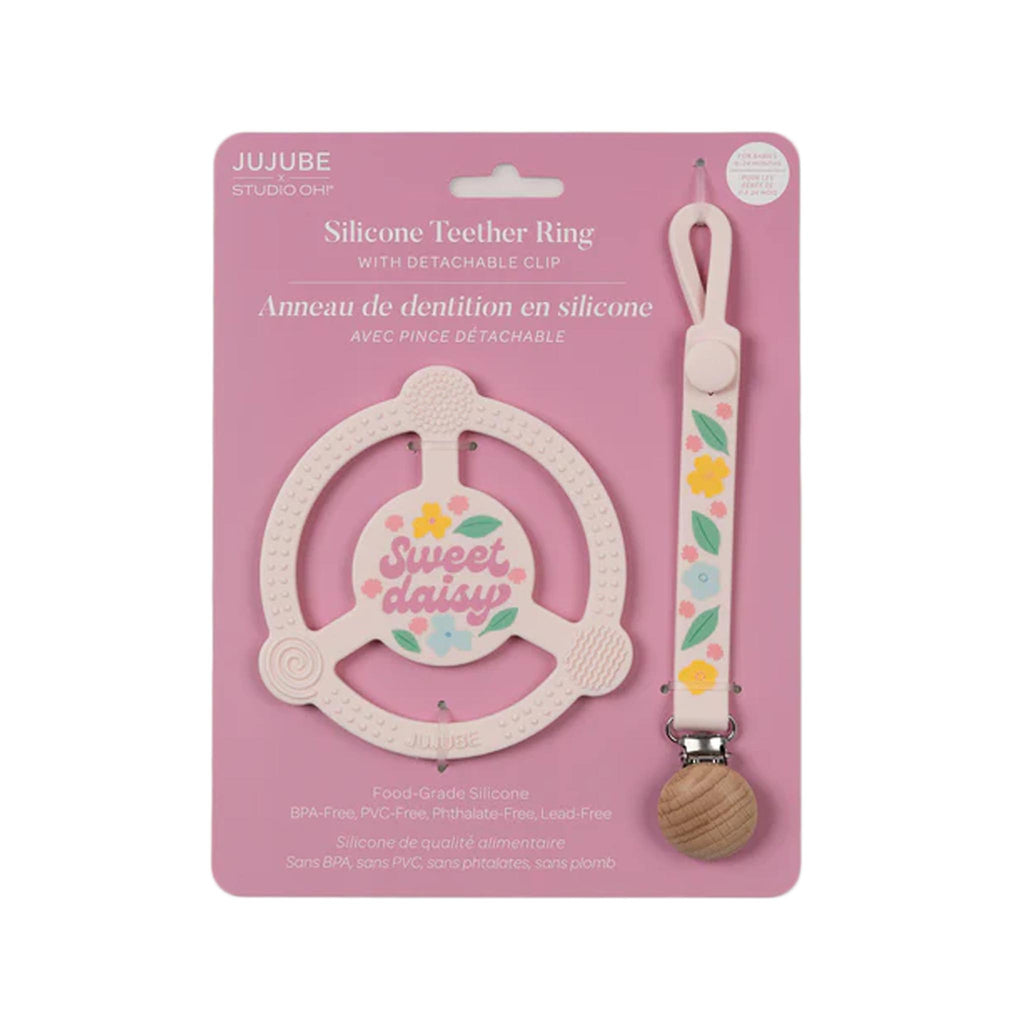 JuJuBe Silicone Teether Ring with Detachable Clip - Sweet Daisy - packaging