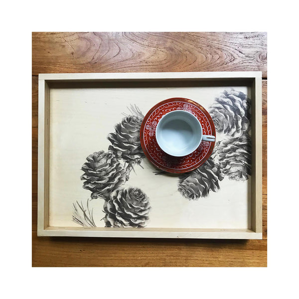 LAMOU Printed Baltic Birch Serving Tray - Pinecones - in use