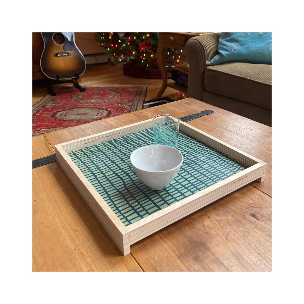 LAMOU Printed Baltic Birch Serving Tray - Turquoise Cells on Light Turquoise - on table