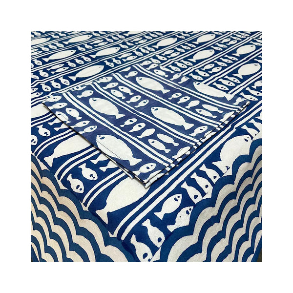 Block Printed Tablecloth -Striped Fish Blue - Square