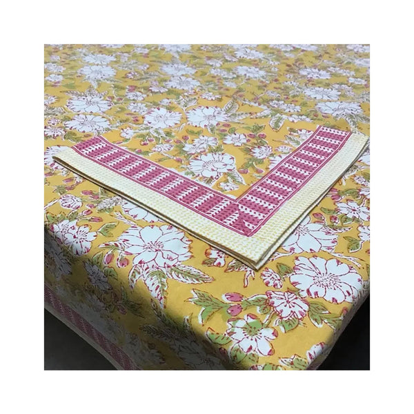 Block Printed Tablecloth -Camelia Yellow - Round
