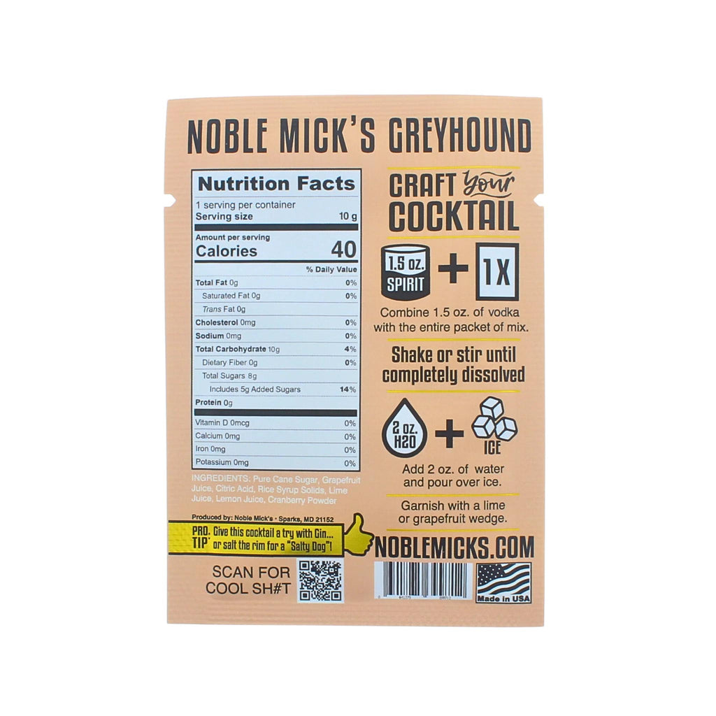 Noble Mick's Single Serve Craft Cocktail Mixes - Greyhound ingredients