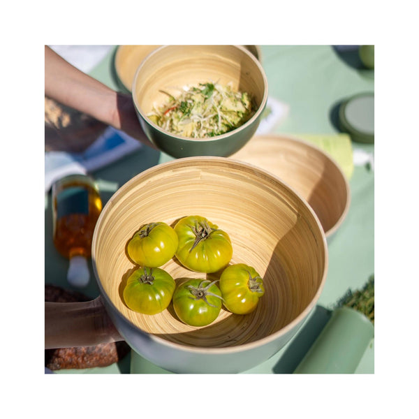 Sebss Spun Bamboo Serving Bowls - Sage & Olive - in use