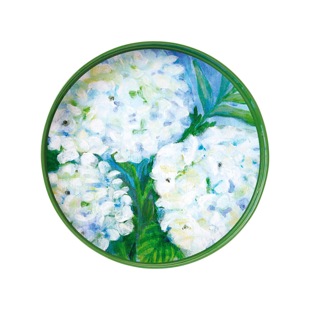 White Hydrangeas 15" Round Tray