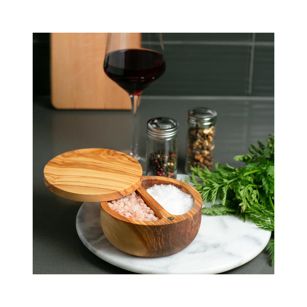 Olive Wood Salt Box - in use