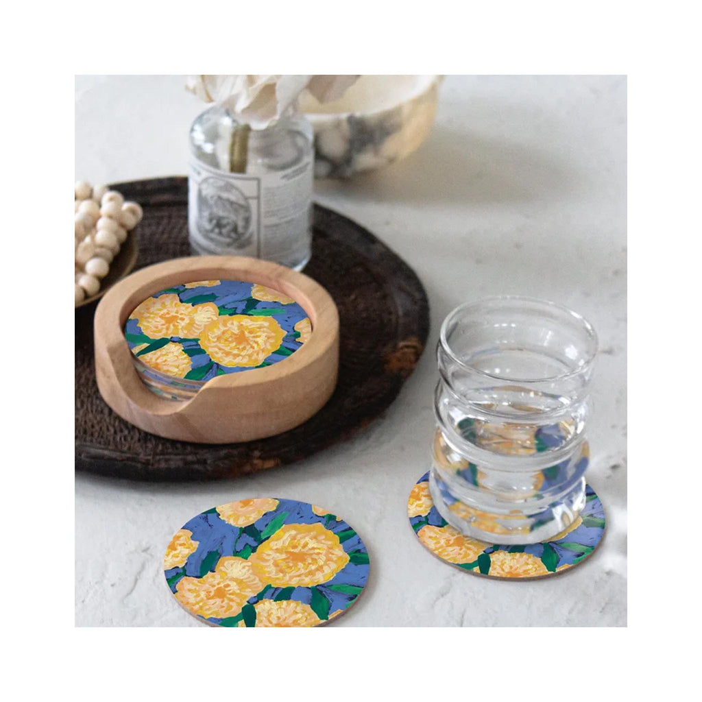 Seedlings Wooden Coaster Holder - with Burst of Marigolds with Coasters