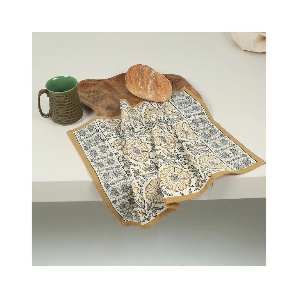 Hand Block Printed Kitchen Towel - Bloom Sand - in use