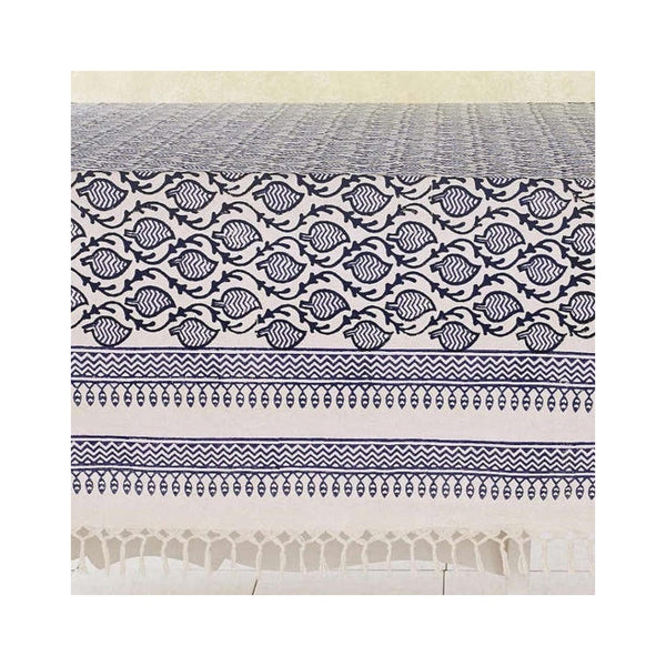 Block Printed Cotton Tablecloth - Tranquility Blue - detail