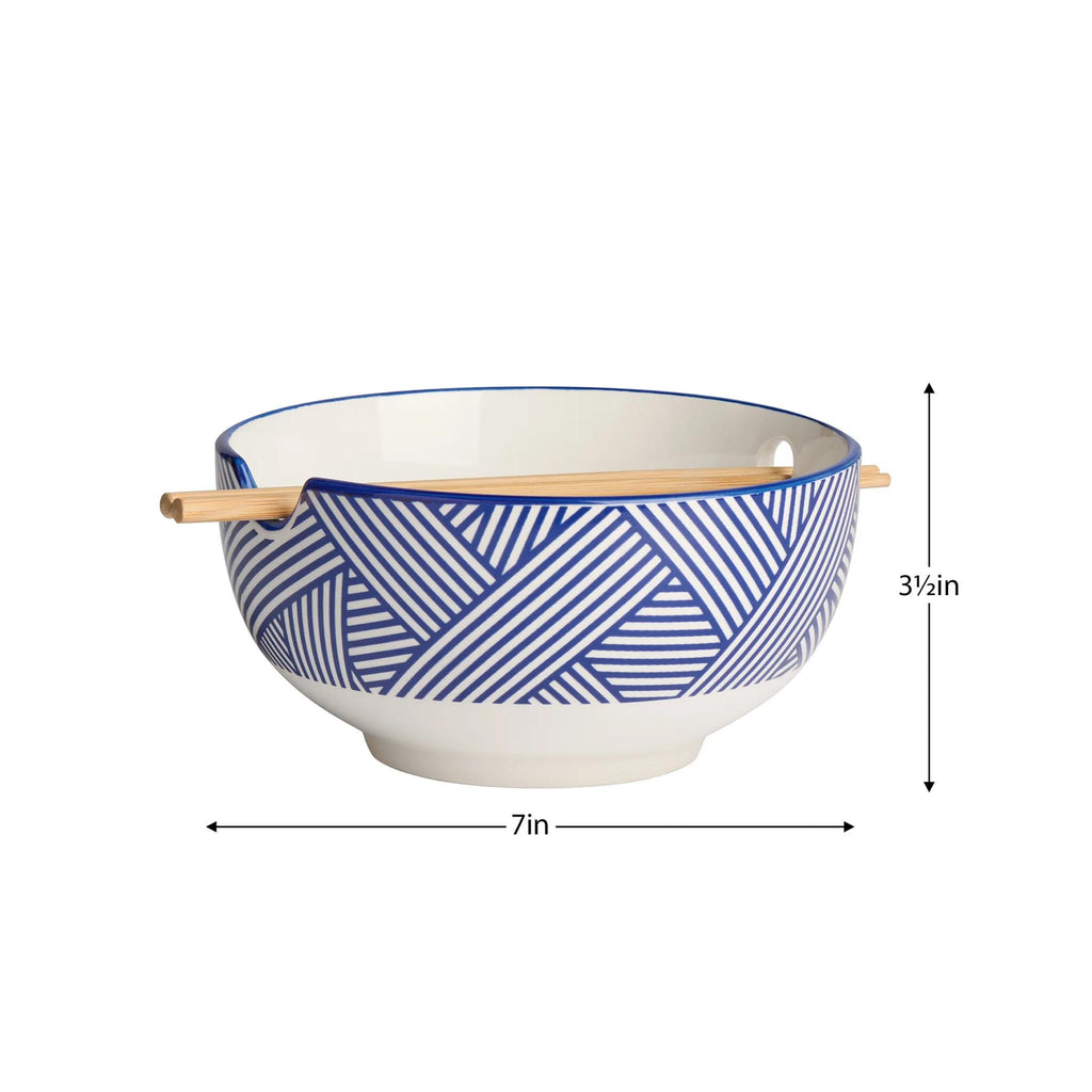 Kiri Porcelain 7" Bowl  with Chopstick Set- Blue Zen Weave - dimensions