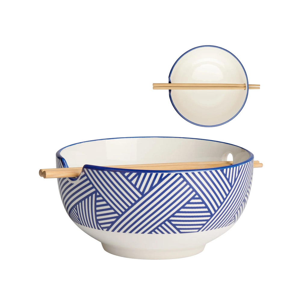Kiri Porcelain 7" Bowl  with Chopstick Set- Blue Zen Weave