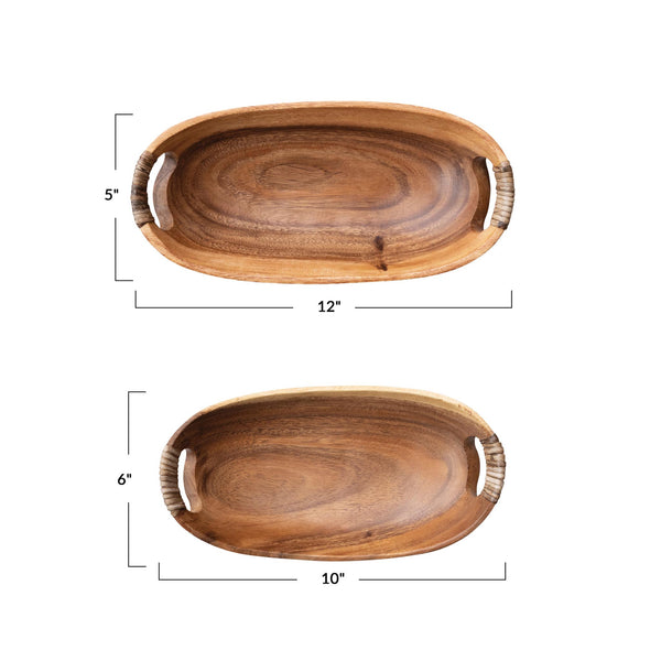 Acacia Wood Bowls with Wrapped Rattan Handles - dimensions