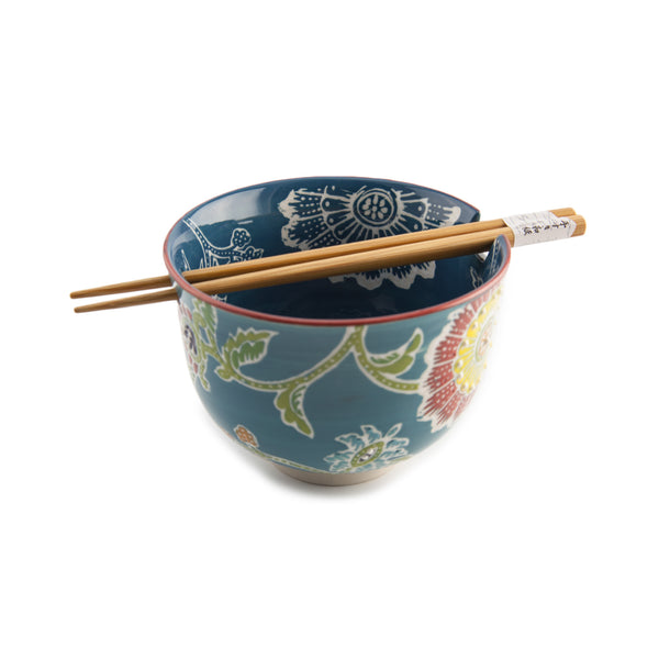 Graphic Ceramic Bowl with Chopsticks - Teal Flowering Vine