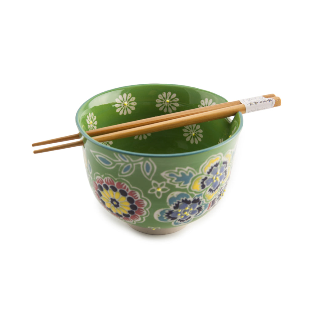 Graphic Ceramic Bowl with Chopsticks - Green with Multi Flowers