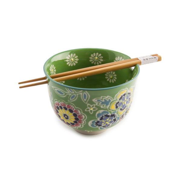 Graphic Ceramic Bowl with Chopsticks - Green with Multi Flowers