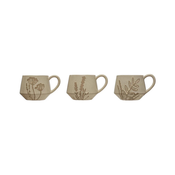 Botanical Stoneware Mugs with Wax Relief