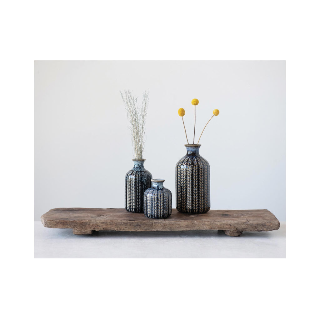 Embossed Stoneware Bud Vases - on display