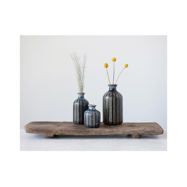 Embossed Stoneware Bud Vases - on display
