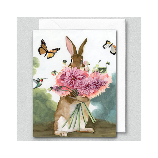 Rabbit with Pink Dahlias Card