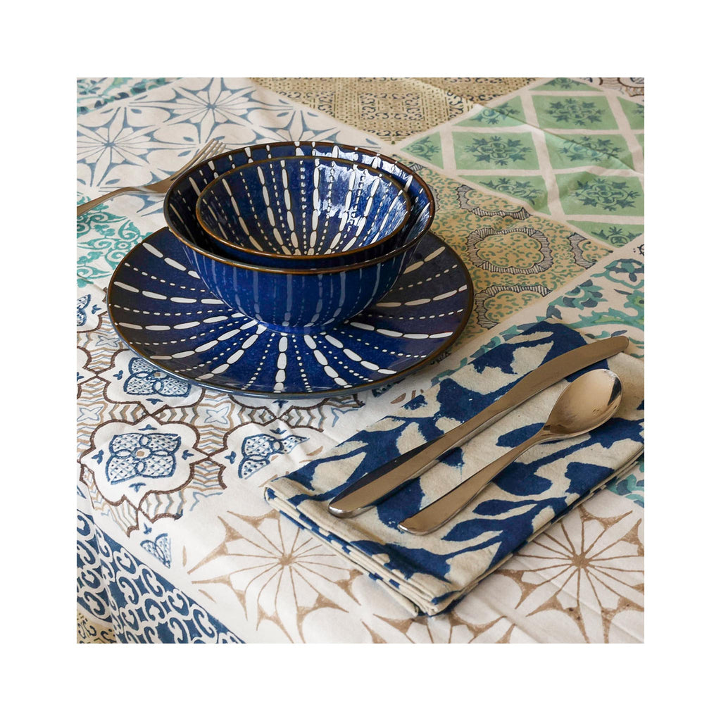 Block Printed Tablecloth - Porto Blue Tile