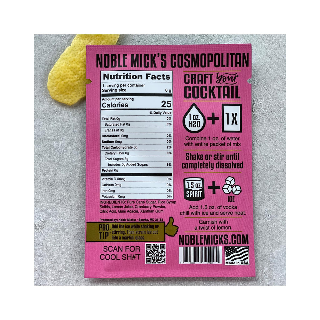 Noble Mick's Single Serve Craft Cocktail Mixes - Cosmopolitan back - info