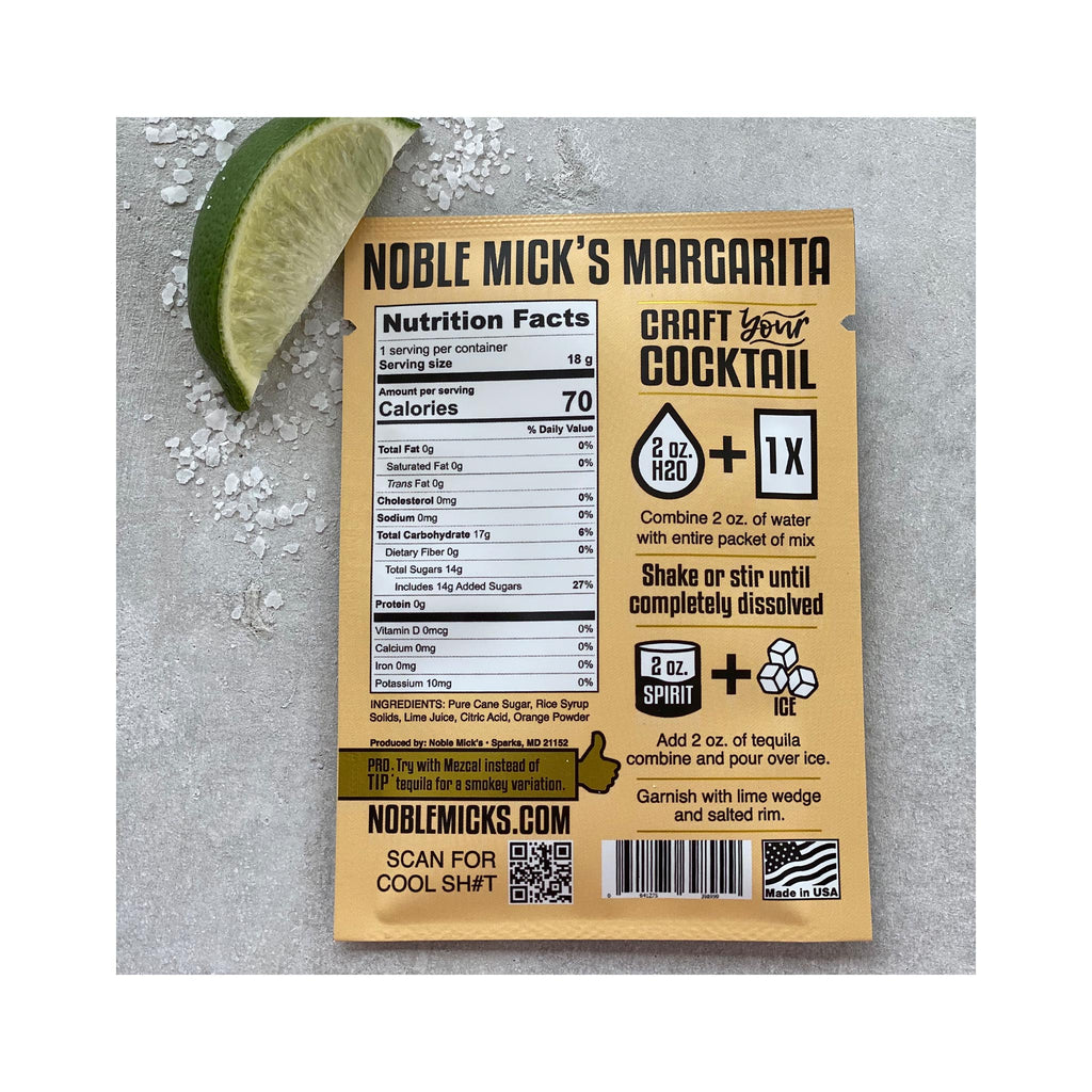 Noble Mick's Single Serve Craft Cocktail Mixes - Margarita back - info