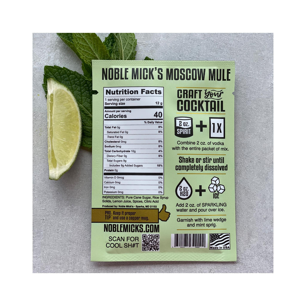 Noble Mick's Single Serve Craft Cocktail Mixes - Moscow Mule back - info