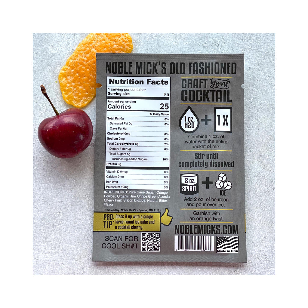 Noble Mick's Single Serve Craft Cocktail Mixes - Old Fashioned back - info