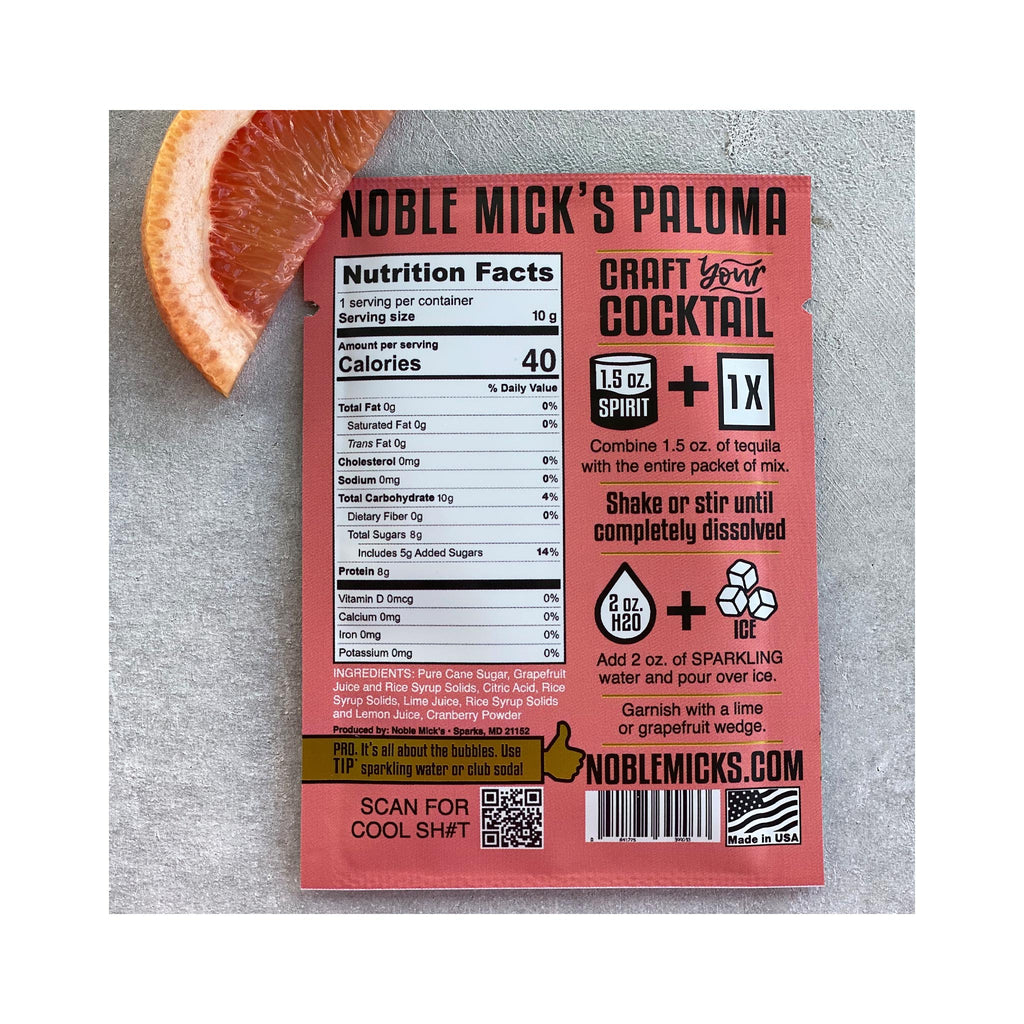 Noble Mick's Single Serve Craft Cocktail Mixes - Paloma back - info