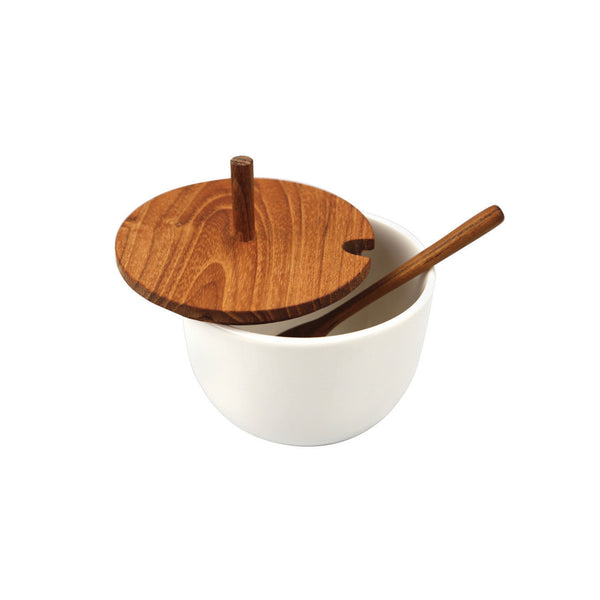 Ceramic Round Cellar with Teak Lid & Spoon