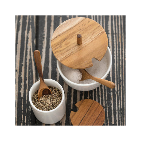 Ceramic Round Cellar with Teak Lid & Spoon in use