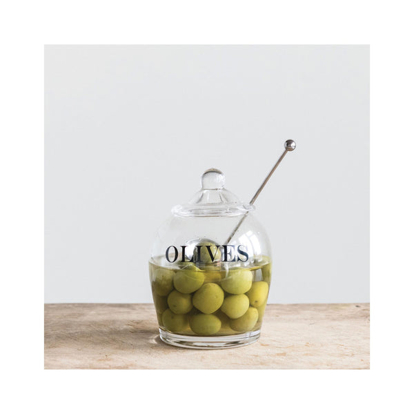 Glass Olive Jar with Slotted Spoon in use