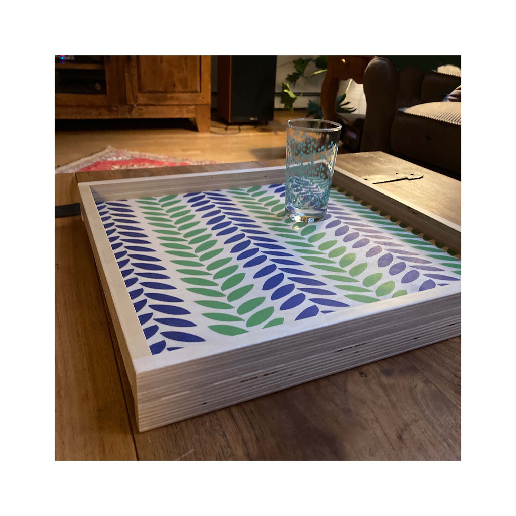 LAMOU Baltic Birch Printed Serving Tray - Linear Leaves -  Blue/Green - lifestyle